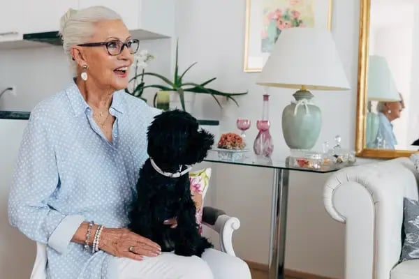 Eine ältere Frau mit Brille streichelt glücklich ihren kleinen schwarzen Hund in einer gemütlichen Wohnumgebung