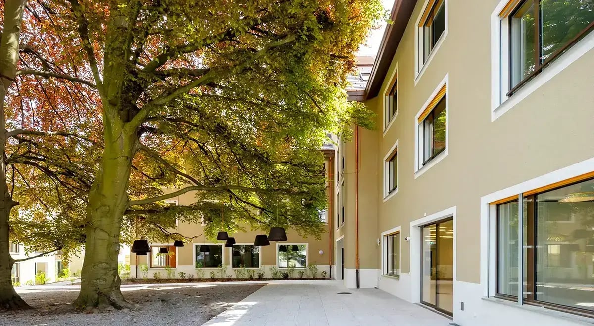 Schattiger Ruhebereich unter einem großen Baum bei Tertianum Etzelblick